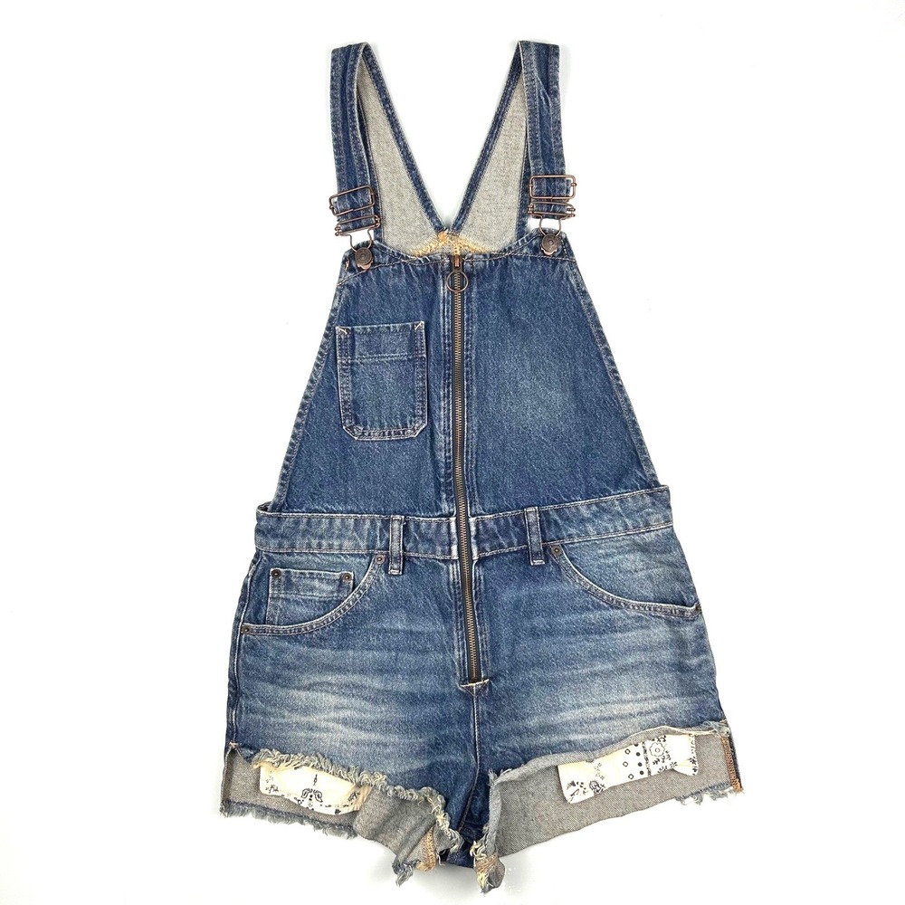 We The‎ Free Free People Denim Shortalls Blue Zip Front Raw Hem Bandana Pocket 6